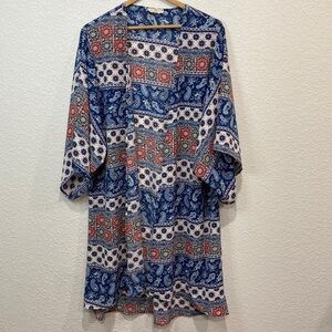 Hummingbird Women's Floral Blue Red Lightweight Open Kimono Size L